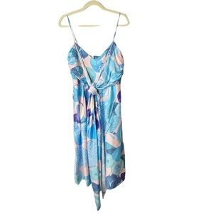 Anthropologie Floral Tiffany Blue Front Tie Silk Midi Dress Sundress Size 6